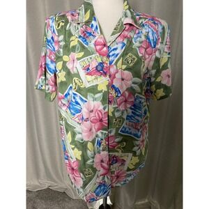 Vintage Koret Sport Tropical Floral Postcard Print Button Up Shirt Green 80s 90s